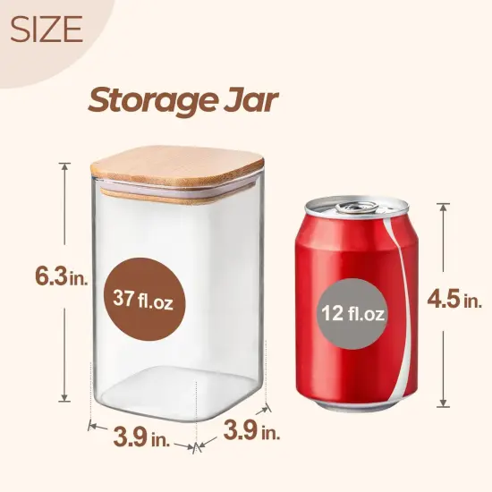 37 oz Glass Storage Containers with Lids, Glass Jars with Lids, Clear Food Jar, Square Canister Set of 6, Pantry Organizers and Storage for Cookie Flour Oat Pasta Tea Coffee Bean {2}