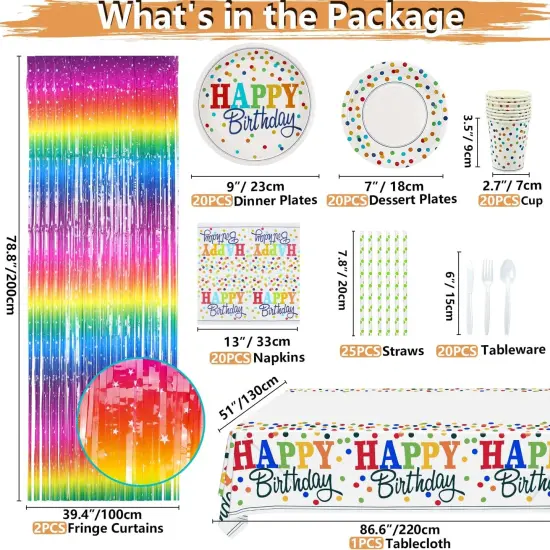 212 PCS Rainbow Party Supplies - Colorful Balloons, Polka Dot Banner, Fringe Curtains, Cake Topper, Plates, Napkins, Cups and Tablecloth for Kid Confetti Sprinkle Party Decorations, Serve 20 Guests {2}
