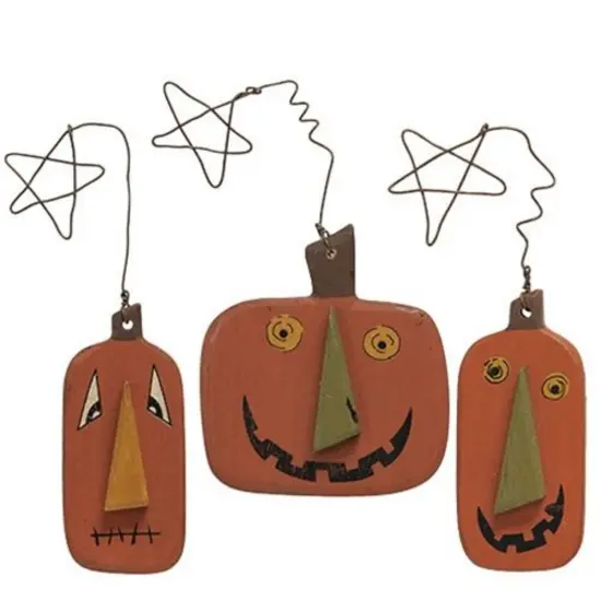 Set of 3 Primitive Wood Pumpkin Ornaments with Wire Star Hangers for Fall and Halloween Decor {1}