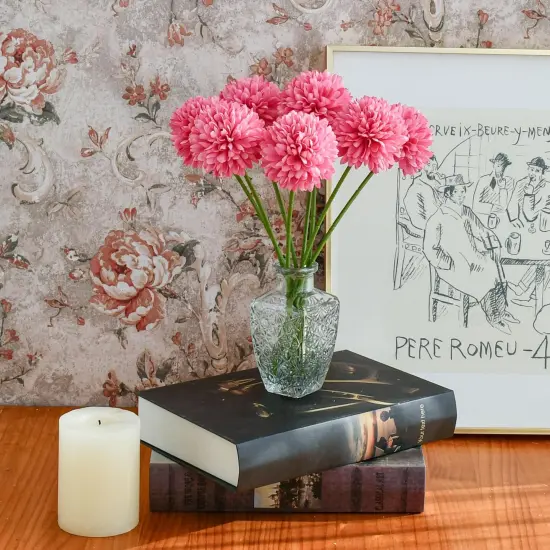 12 Artificial Ball Chrysanthemum Flowers with Stems - Hot Pink {5}