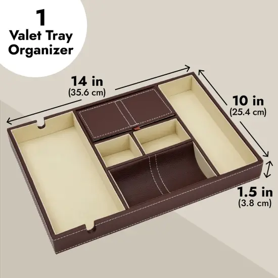 Leather Valet Catchall Tray for Men with 6 Compartments - Bedside Nightstand Organizer for Phones (Brown) {4}