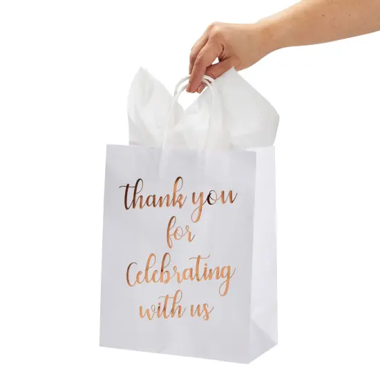 15-Pack Medium Sized Gift Bags with Tissue Paper for Wedding, Rose Gold Foil Thank You for Celebrating With Us Bags with Handles, Kraft Paper (10 x 8 x 4 Inches) {7}