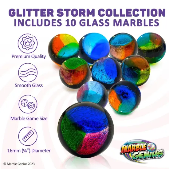 Marble Genius Collectors Marbles, Glittery Design, 16mm (⅝ Inch), 10 Handmade Glass Marbles, Gifts for Marble Lovers, Gifts for Kids Ages 3-14 {3}