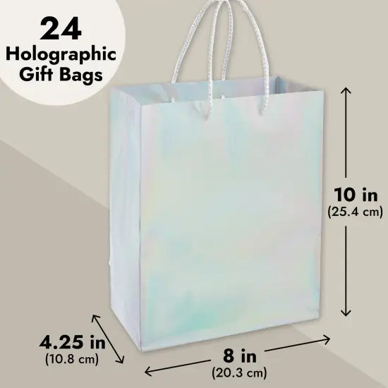 24 Pack Holographic Silver Gift Bags with Handles, 8x4x10 Inch for Wedding, Birthday, Retail, Small Business, Shopping {4}