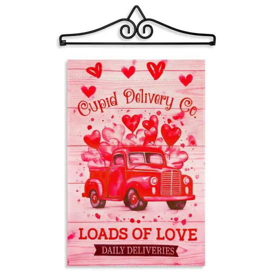 G128 Combo Pack Garden Flag Hanger 14IN & Garden Flag Valentine&rsquo;s Day Cupid Delivery Truck Printed 12x18IN Double Sided Yard Garden Lawn Decoration {1}