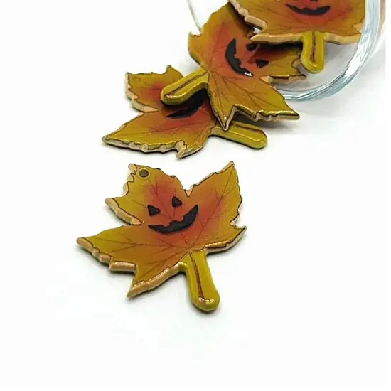 Maple Leaf Pendant with Jack o' Lantern Face, 36x35mm {1}