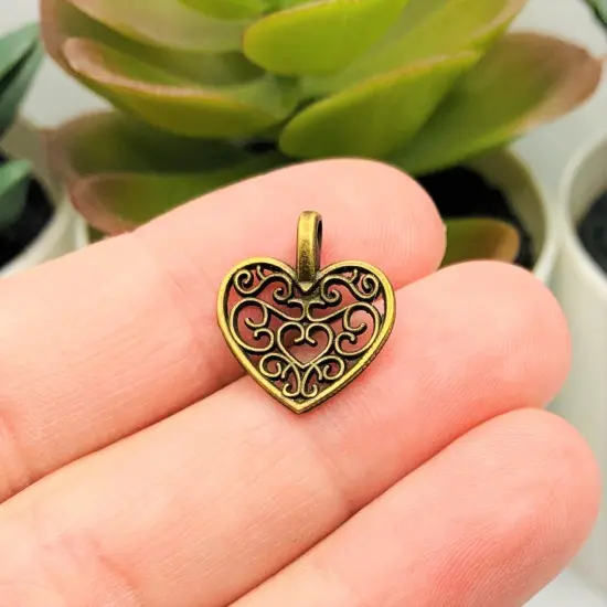 Bronze Filigree Scroll Heart Charms, 16x15mm {3}