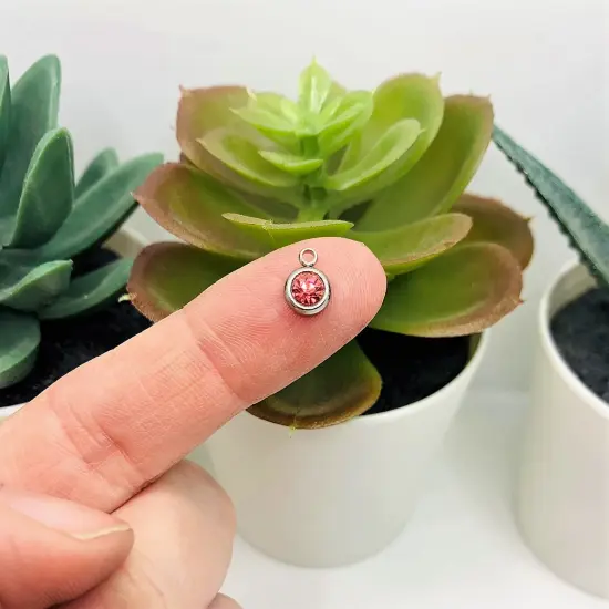 201 Stainless Steel, Pink Rose October Birthstone Rhinestone Charms, 8x6mm {2}