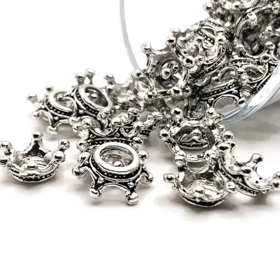 Silver 3D Crown Charms, Bead Caps, 13x6mm {1}
