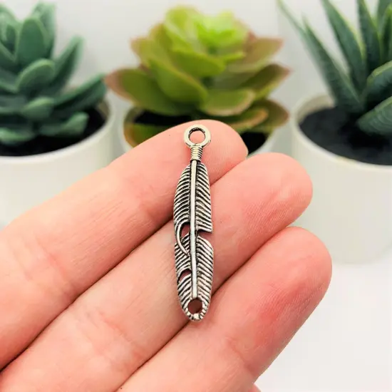 Silver Feather Connector Charms, 37x7mm {2}