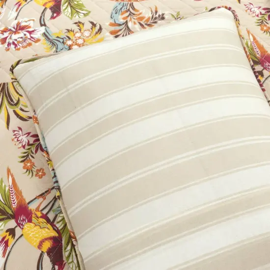 3 Piece Tan Quilt Set with Peacocks Birds Floral Design and Reversible Striped Pattern for Bedroom {4}
