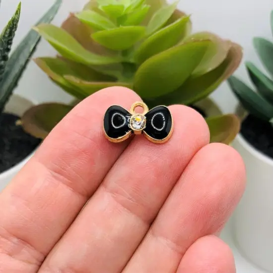 Small Black and Gold Bow Charms with Rhinestone, 9x15mm {2}