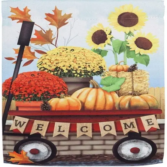 Autumn Red Wagon Garden Flag 2 Sided Welcome {1}