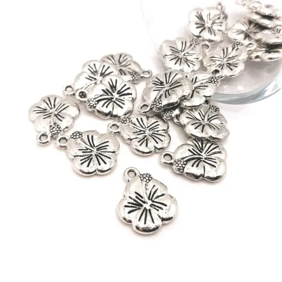 Silver Hibiscus Hawaiian Flower Charms, 16x13mm {1}