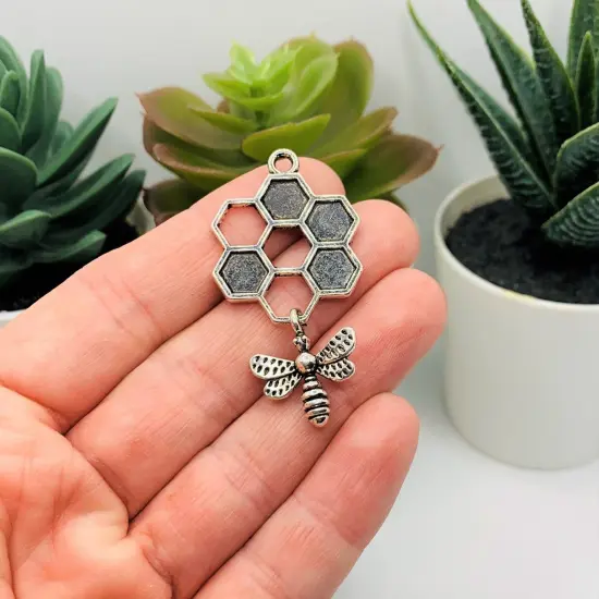 Silver Honeycomb Charms with Hanging Bee, 47x24mm {2}