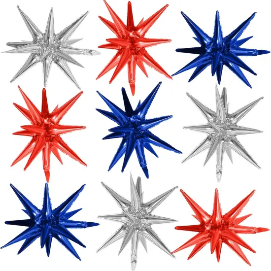 Red Blue Silver Star Balloons,9Pcs Red Blue White Explosion Star Foil Balloons,22Inch Spike Cone Star Helium Mylar Balloons for Birthday Anniversary Baby Shower 4th of July Disco Party Decorations {1}