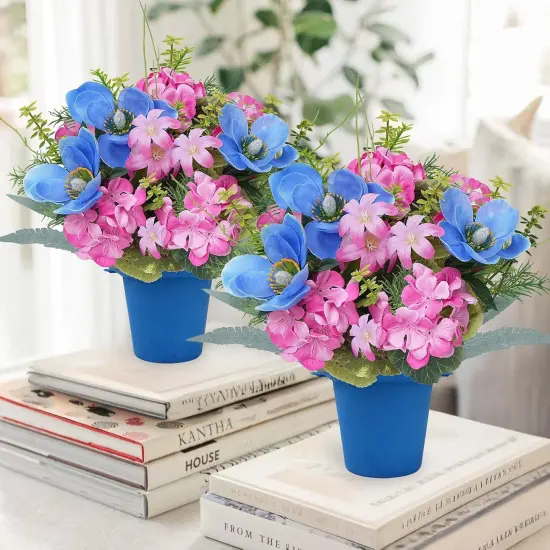 2 Pcs Fake Potted Flowers Spring Centerpieces for Tables 13.78" Easter Centerpiece Silk Flower with Iron Pots Small Plants Orchid Hydrangea for Indoor Table Top Dining Table Office Decor Pink Blue {1}