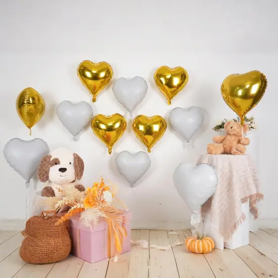 Gold White Heart Balloons,12Pcs 18 Inch Metallic Gold Cream Foil Mylar Love Heart Shaped Balloons for Birthday Party Wedding Engagement Anniversary Graduation Baby Shower Valentines Day Decorations {3}