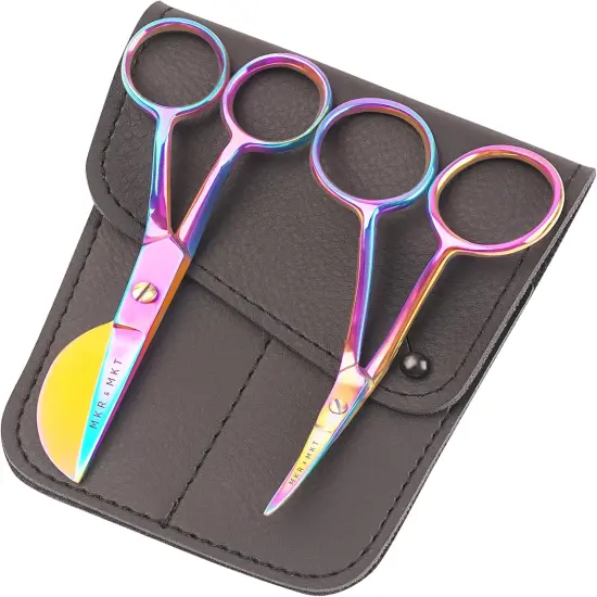 Small Embroidery 4.5 Inch Scissors Set of 2 Kit - Mini Double Bend Offset Duckbill and Double Bend Long Applique Needlepoint Blade with Pouch Sleeve (Rainbow) {4}