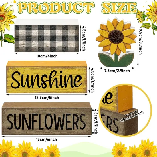 4 Pcs Summer Sunflower Decorations Sunflower Wooden Sign Sunshine Table Centerpiece Summer Tiered Tray Decor Decorative Faux Book Stack Block for Coffee Table Fireplace Mantel Floating Shelf {3}