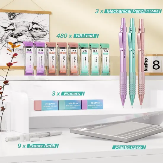 0.5 mm Metal Mechanical Pencil Set, 3PCS MP1000 Artist Lead Pencils With 480PCS HB 2B Lead Refills, Erasers, Pastel Aesthetic Mechanical Pencils for School Supplies Writing Drawing Sketching {2}