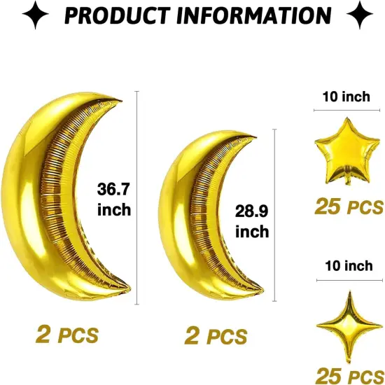 54Pcs Star Foil Balloons Moon Foil Mylar Balloons Kit with 50Pcs Gold Star Balloons and 4Pcs Large Moon Foil Balloons for Baby Shower Christmas Anniversary Engagement Wedding Birthday Party Decoration {2}