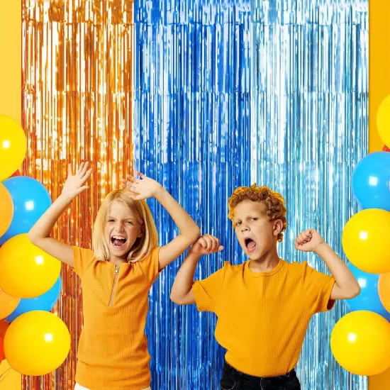 3 Pack 3.3X6.6Ft Blue Dog Foil Fringe Curtains Backdrop Decorations, Orange Blue and Light Blue Birthday Party Tinsel Metallic Streamers Photo Booth Background for Blue Dog Theme Party Supplies {3}
