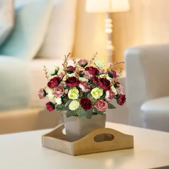 3 Heads Summer Tabletop Floral Arrangements Roses Artificial Flowers Bouquet 3 Bundles Fake Flowers {1}