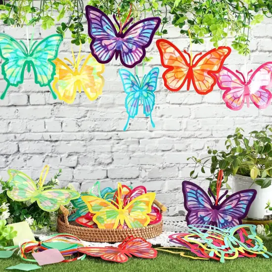 32 Pcs Butterfly Suncatchers Paper Craft Set DIY Butterfly Shaped Stained Glass Effect Tissue Paper Kits Bulk for Window Classroom Activities Art Summer Party Decorations Favors Gift {2}