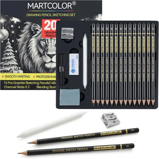 Drawing Sketching Pencil Set, 20 Pieces, Graphite Pencils (14B-4H), Charcoal Sticks, Stump, Eraser, Sharpeners, Ideal for Drawing Art, Sketching, Artist Pencils for Beginners & Pro Artists {1}