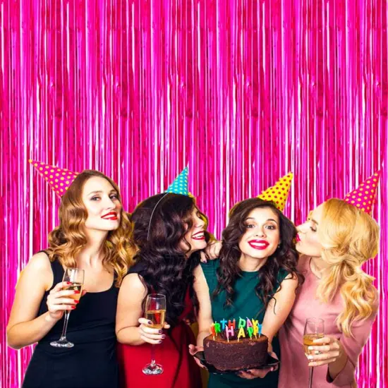 2 Pcs 3.2ft x 8.2ft Shiny Hot Pink Metallic Tinsel Foil Fringe Curtains Photo Booth Backdrop for Birthday Wedding Holiday Celebration Bachelorette Party Decorations (Hot Pink) {5}