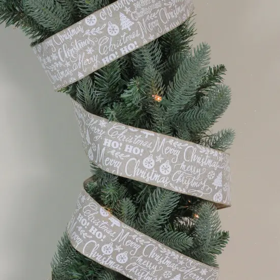 Northlight Beige and White Merry Christmas Burlap WiredRibbon 2.5" x 16 Yards Ivory {3}