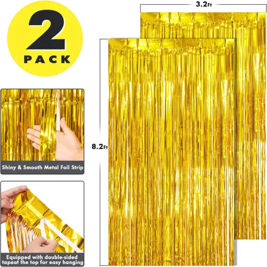 2 Pack Photo Booth Backdrop Metallic Tinsel Foil Fringe Curtains Environmental Background Streamers for Birthday Wedding Party Christmas Decorations (Gold Backdrop Curtain) {2}