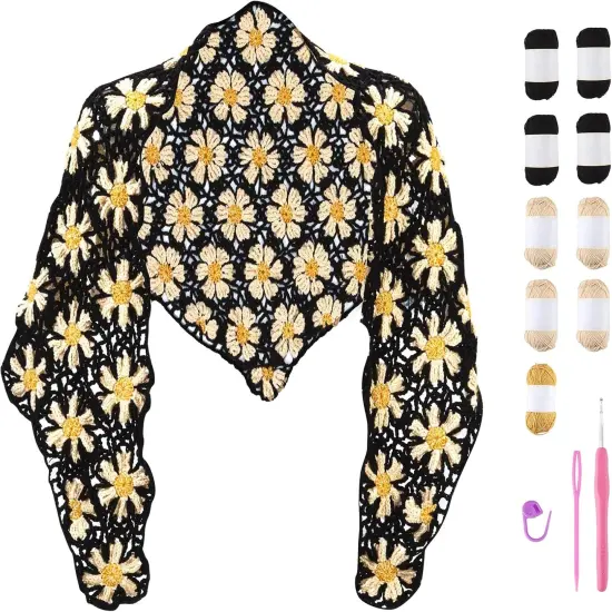 Crochet Kit for Intermediate or Advanced Levels, Complete Craft Kit for a Floral Daisy Shawl with Step by Step Video Tutorials Detailed Instructions, Perfect Holiday Gift or DIY Project (Black) {1}