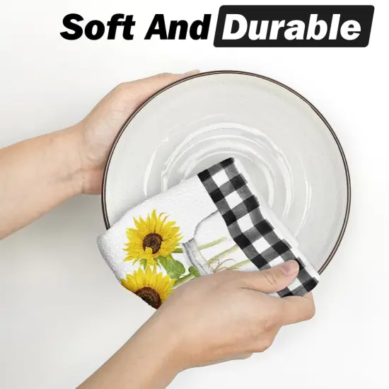 Buffalo Plaid Sunflowers Sunshine Summer Kitchen Towels Dish Towels, 18x26 Inch Farmhouse Summer Decoration Hand Towels Set of 2 {5}