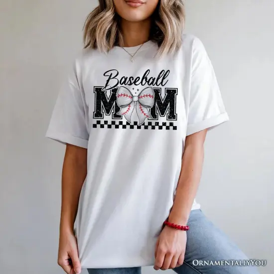 Baseball Mom Coquette Bow Retro T-Shirt, Stylish Game Day White Tee for Trendy and Proud Sports Mothers {2}