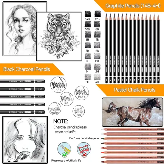 Drawing Sketching Pencil Set, 42 Pack Pro Art Pencil Kit with Graphite Pencils (14B-4H), Charcoal Pencil, Ideal for Shading, Blending, Drawing Set for Beginners & Pro Artists {3}