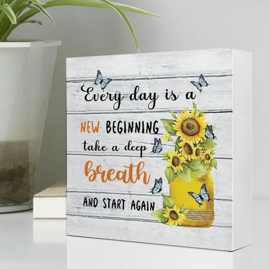 Everyday Is A New Beginning Farmhouse Sunflowers Wooden Sign Desk Decor,Inspirational Wood Block Sign Desk Decorations for Home Bedroom Dorm Office Desk Shelf Table Decor {4}