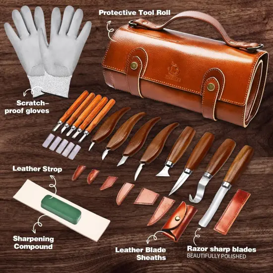 Deluxe Wood Carving Tools-Wood Carving Kit-Wood Carving Knife Set-Wood Whittling Kit for Beginners-Whittling Knife-Wood Carving Tool Set with Large Leather Case {2}