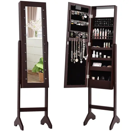 Freestanding Jewelry Organizer Cabinet Armoire with LED Lights and Full Length Mirror White {7}