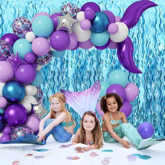 Wavy Tinsel Foil Fringe Curtains 3 pcs Teal Blue Backdrop for Mermaid Birthday,Under The Sea Party,Baby Shark Birthday Decorations(3.2 ft x 6.6 ft) {4}