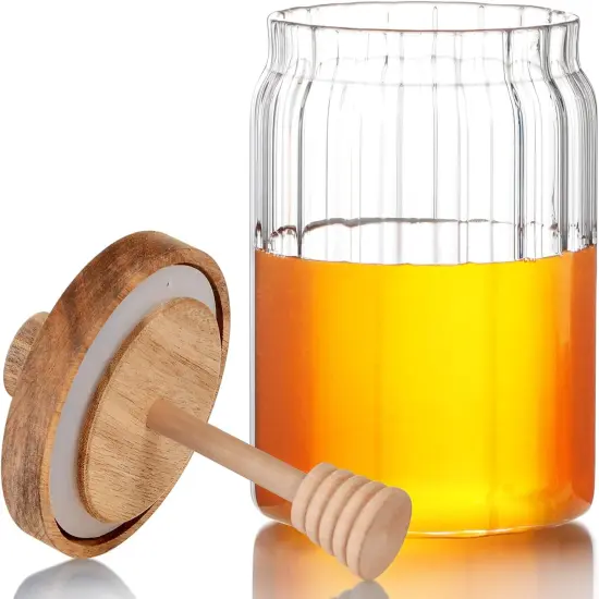 18.5oz Glass Honey Jar with Dipper Stick and Wooden Lid, Honey Pot with Wooden Dipper, Airtight Honey Containers with Dipper {1}