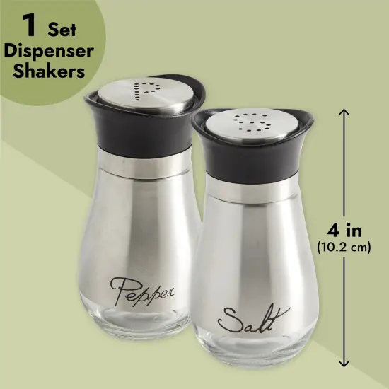 Stainless Steel Salt and Pepper Shaker Set with Glass Bottom, Perforated "S" and "P" Caps - Modern Kitchen Counter Decor (4oz) Silver {4}