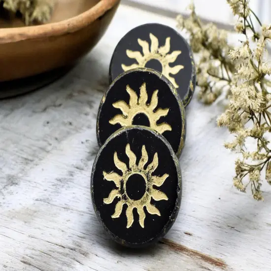 *2* 21mm Gold Washed Jet Picasso Table Cut Sun Design Coin Beads {1}