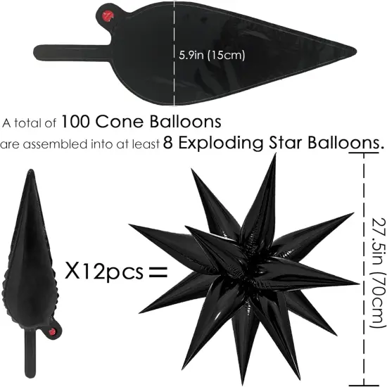 100 Pcs Mylar Star Balloons, Explosion Foil Balloons, 12 Point Cone Spike Balloons Party Decoration Supplies for Halloween Birthday Wedding Anniversary Backdrop (Black) {2}