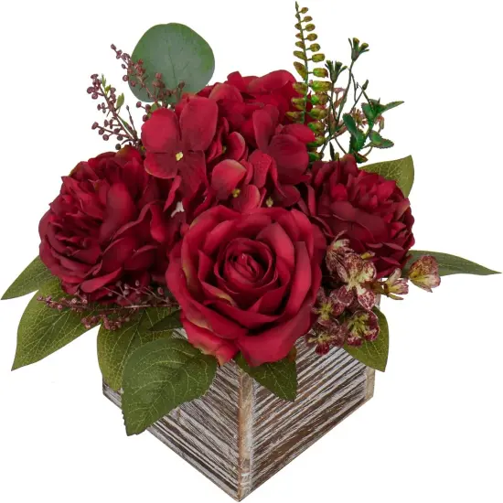 Flower Arrangement with Wooden Vase 8" Artificial Flowers in Pot - Fake Flowers Roses Peonies Hydrangeas in Wooden Vase Potted Artificial Flower Centerpieces for Table Decor Living Room - Red {1}