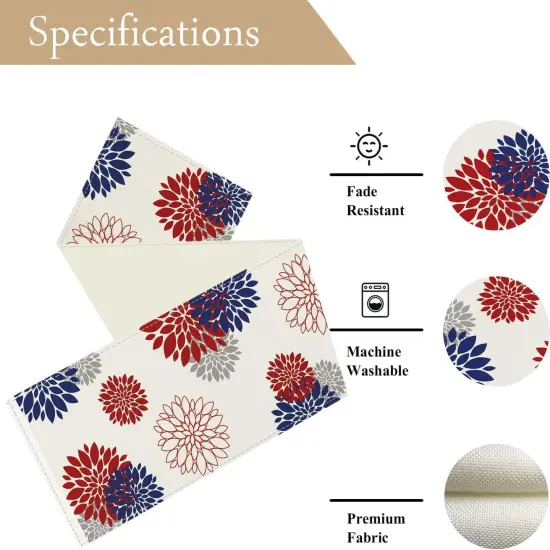 4th of July Independence Day Table Runner God Bless America Blue Red Dahlia Flower Memorial Day Table Runners Grey Modern Table Center Decor for Home Kitchen Dining Party Patio {5}