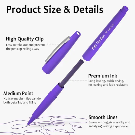 Felt Tip Pens, 60 Purple Pens, 0.7mm Medium Point Felt Pens, Felt Tip Markers Pens for Journaling, Writing, Note Taking, Planner, Perfect for Art Office and School Supplies {2}