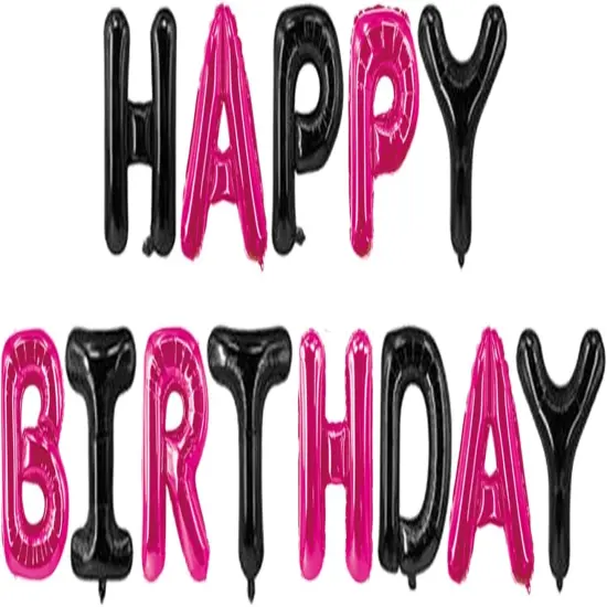 Happy Birthday Balloons Banner Black & Hot Pink 16 Inch {1}