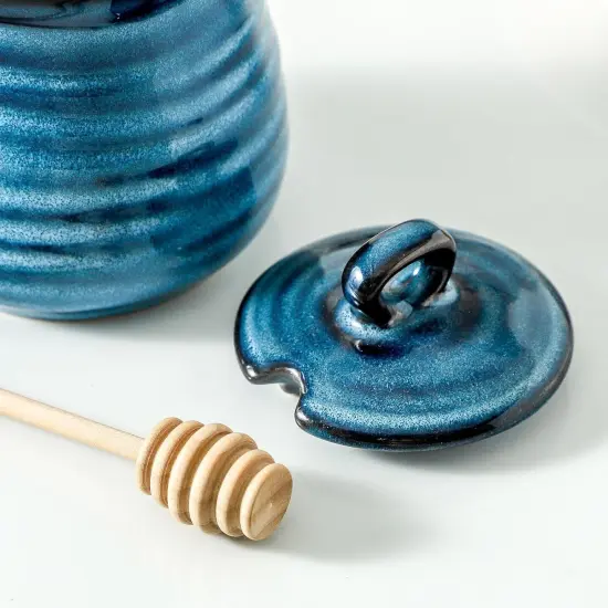 12 Ounce Honey Jar and Dipper Set,Porcelain Honey Pot with Lid and Wooden Dipper,Cute Honey Containers for Party,Holiday,Halloween Favors,Farmhouse Kitchen Decor,Dishwasher Safe,Blue {5}